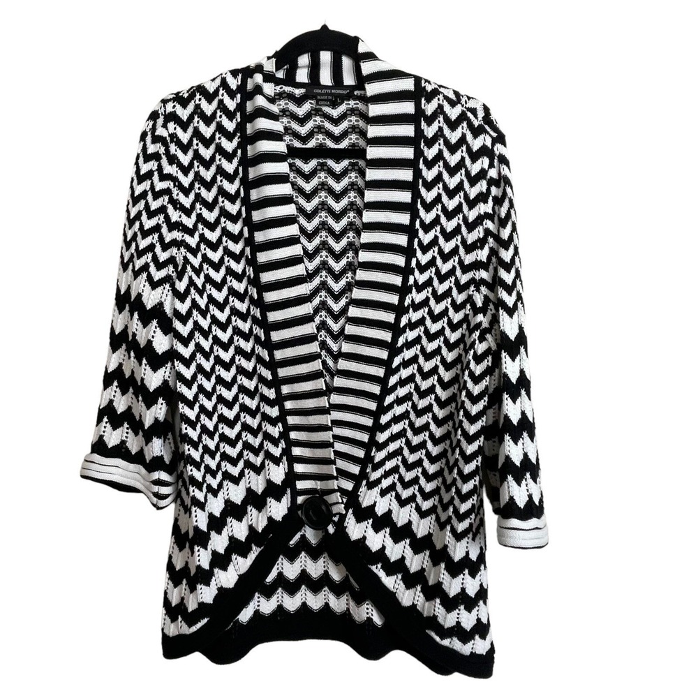 Colette Mordo Cardigan Women L Black White Chevron Layer Knit 3/4 Sleeve Topper